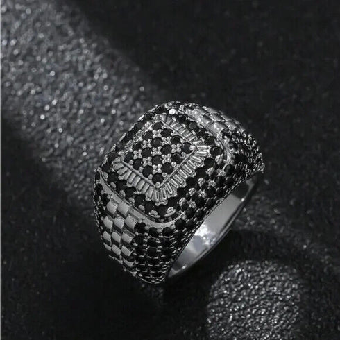 Exquisite Pave 18K White Gold Plated Black & White Cubic Zirconia Men Women Ring